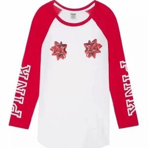 NWT VS PINK CHRISTMAS BOW BASEBALL TEE